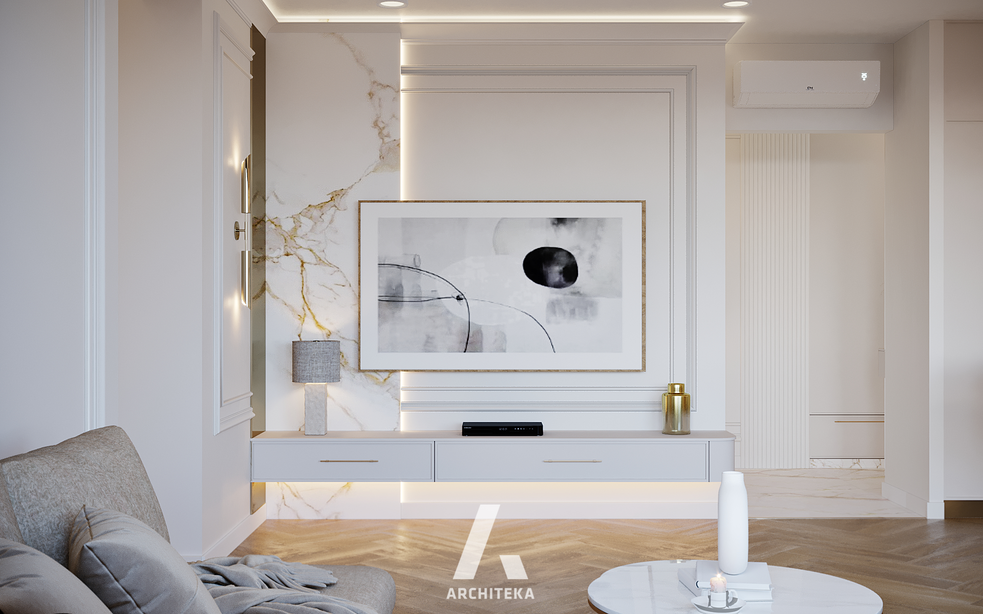 Projekt wnętrza premium z jasną zabudową i eleganckim detalem