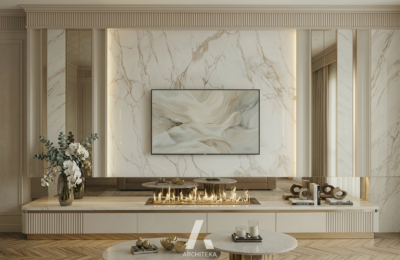 Projekt wnętrza Premium+ Modern Calm Premium - elegancka strefa dzienna w spokojnej, nowoczesnej stylistyce