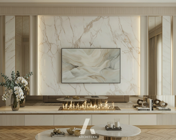 Projekt wnętrza Premium+ Modern Calm Premium - elegancka strefa dzienna w spokojnej, nowoczesnej stylistyce