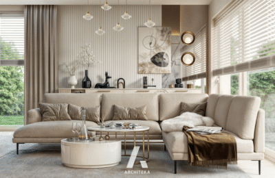 Projekt wnętrza Kluczbork M330 Cashmere Harmony - strefa dzienna w ciepłej, harmonijnej aranżacji