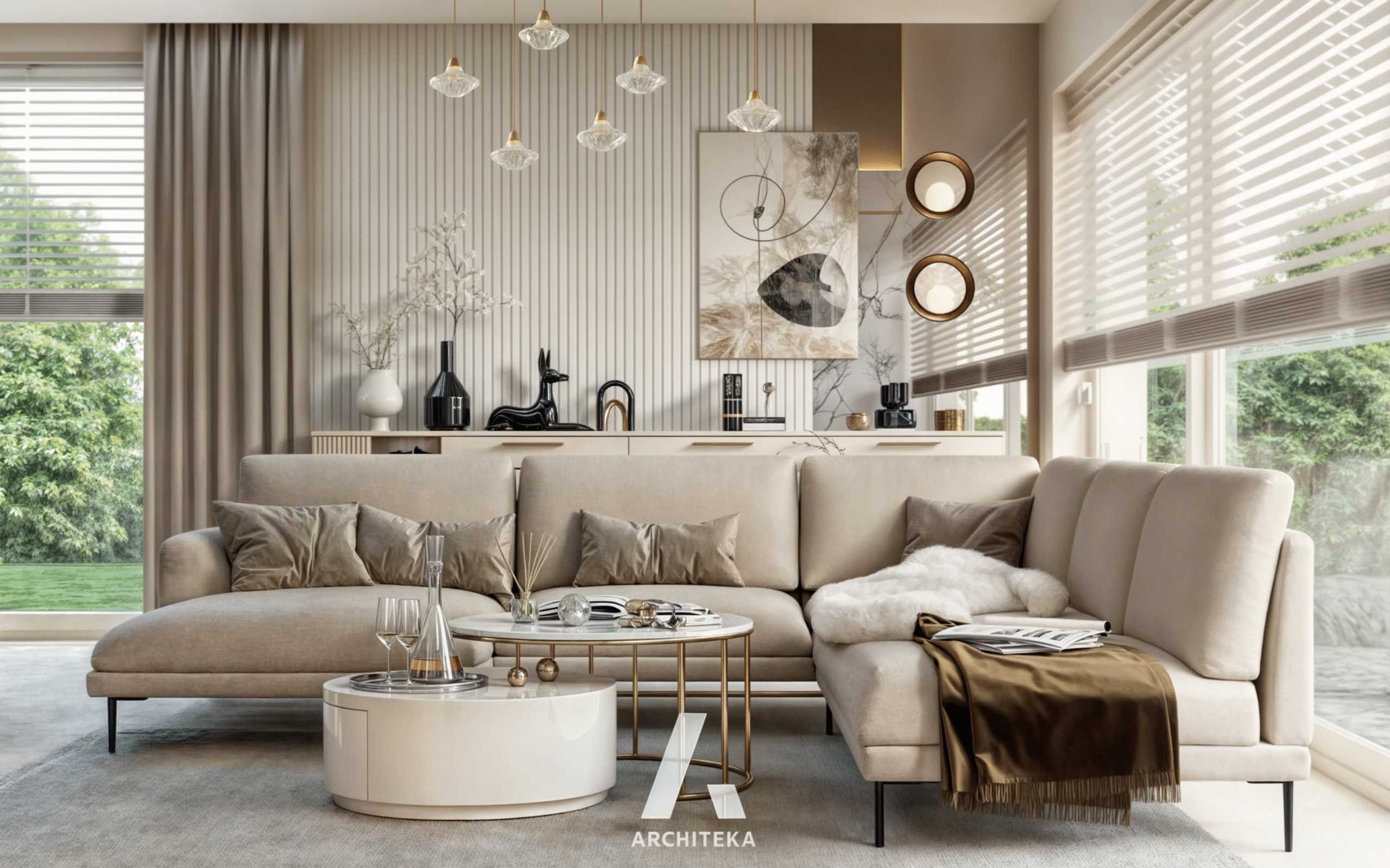 Projekt wnętrza Kluczbork M330 Cashmere Harmony - strefa dzienna w ciepłej, harmonijnej aranżacji