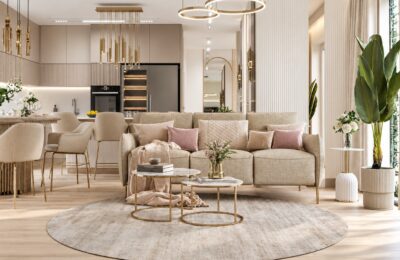 Salon z aneksem, beżowa sofa i okrągły dywan, projekt mieszkania w Gryfinie, Ewa Arlen